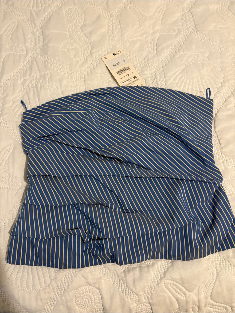 Zara Windsor Blue and White Striped Strapless Ruffle Camisole